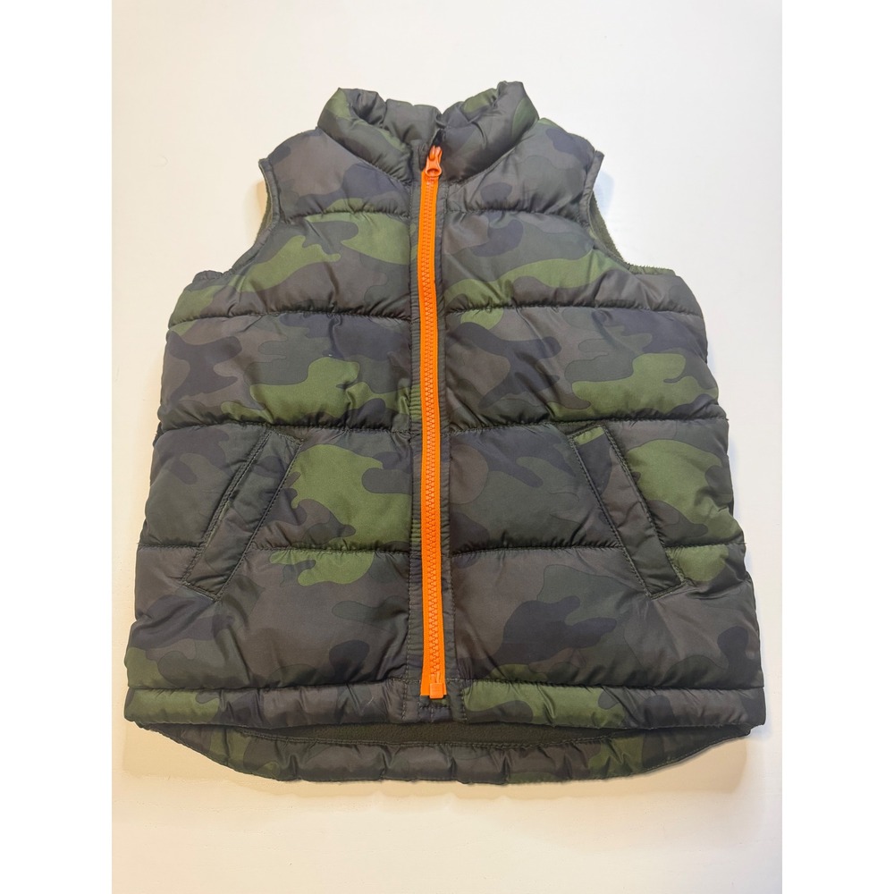 Old Navy Frost Free Puffer Vest Green Camo Orange Zip Fleece Lined Kids 5T